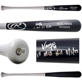 Miguel Vargas Autographed Black Rawlings Game Model Bat Los Angeles Dodgers "1st MLB Hit" Beckett BAS Witness Stock #209051