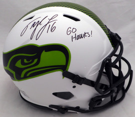 Tyler Lockett Autographed Seattle Seahawks Lunar Eclipse White Full Size Authentic Speed Helmet "Go Hawks" (Smudged) MCS Holo #90731