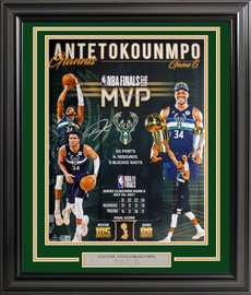 Giannis Antetokounmpo Autographed Framed 16x20 Photo Milwaukee Bucks 2021 Finals MVP Collage Beckett BAS QR Stock #209439