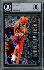 Allen Iverson Autographed 1996-97 Fleer Metal Rookie Card #201 Philadelphia 76ers Beckett BAS Stock #209782