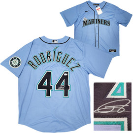 Seattle Mariners Julio Rodriguez Autographed Light Blue Nike Spring Training Jersey Size L Beckett BAS Witness Stock #210098
