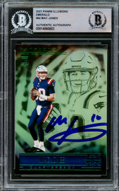 Mac Jones Autographed 2021 Panini Illusions Green Emerald Rookie Card #64 New England Patriots Beckett BAS #14860803