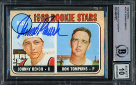 Johnny Bench Autographed 1968 Topps Rookie Card #247 Cincinnati Reds Auto Grade Gem Mint 10 (Off Condition) Beckett BAS #14867872