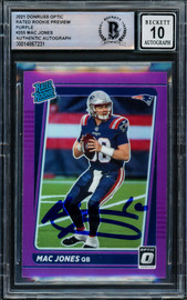 Mac Jones Autographed 2021 Donruss Optic Preview Purple Rookie Card #P-255 New England Patriots Auto Grade Gem Mint 10 Beckett BAS #14867231