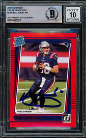 Mac Jones Autographed 2021 Donruss Rated Rookie Red Press Proof Rookie Card #255 New England Patriots Auto Grade Gem Mint 10 Beckett BAS #14867220