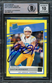 Justin Herbert Autographed 2020 Panini Donruss Rated Rookie Yellow Rookie Card #303 Los Angeles Chargers Auto Grade Gem Mint 10 Beckett BAS #14867187
