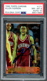 Allen Iverson Autographed 1996-97 Topps Chrome Rookie Card #171 Philadelphia 76ers PSA 8 Auto Grade Gem Mint 10 PSA/DNA #68017889