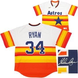 Houston Astros Nolan Ryan Autographed White & Orange/Yellow Stripes Nike Cooperstown Authentic Collection Jersey Size XL Beckett BAS QR Stock #211258
