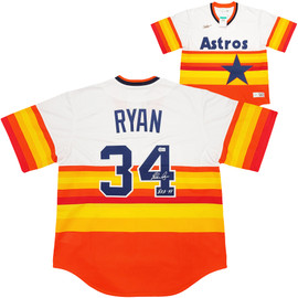 Houston Astros Nolan Ryan Autographed White & Orange/Yellow Stripes Nike Cooperstown Authentic Collection Jersey Size L Beckett BAS QR