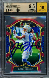 Justin Herbert Autographed 2020 Select Prizm Maroon Die Cut Rookie Card #44 Los Angeles Chargers BGS 9.5 Auto Grade Gem Mint 10 Beckett BAS #15297328