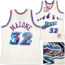 Utah Jazz Karl Malone Autographed White Authentic Mitchell & Ness