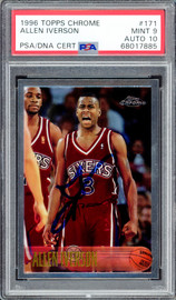 Allen Iverson Autographed 1996-97 Topps Chrome Rookie Card #171 Philadelphia 76ers PSA 9 Auto Grade Gem Mint 10 PSA/DNA #68017885