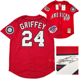 Seattle Mariners Ken Griffey Jr. Autographed Red Authentic Mitchell & Ness 1997 All Star Game Jersey Size XL Jackie Robinson Patch Beckett BAS Witness