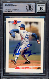 Pedro Martinez Autographed 1992 Bowman Rookie Card #82 Los Angeles Dodgers Auto Grade Gem Mint 10 Beckett BAS #15496797