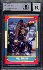 Karl Malone Autographed 1986-87 Fleer Rookie Card #68 Utah Jazz Auto Grade Gem Mint 10 Beckett BAS #15496643