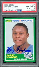 Barry Sanders Autographed 1989 Score Rookie Card #257 Detroit Lions PSA 8 Auto Grade Gem Mint 10 PSA/DNA Stock #215286