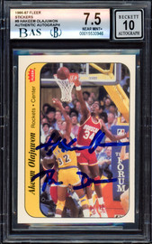 Hakeem Olajuwon Autographed 1986-87 Fleer Stickers Rookie Card #9 Houston Rockets BGS 7.5 Auto Grade Gem Mint 10 "The Dream" Beckett BAS #15530946