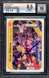 Hakeem Olajuwon Autographed 1986-87 Fleer Stickers Rookie Card #9 Houston Rockets BGS 8.5 Auto Grade Gem Mint 10 Beckett BAS #15530343
