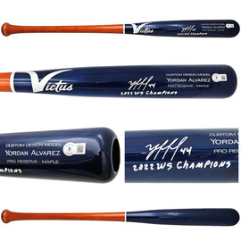 Yordan Alvarez Autographed Blue & Orange Victus Player Model Bat Houston Astros "2022 WS Champions" Beckett BAS Witness Stock #215392