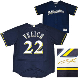 Milwaukee Brewers Christian Yelich Autographed Blue Majestic Jersey Size L Beckett BAS Witness Stock #215534