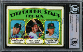 Carlton Fisk, Cecil Cooper & Mike Garman Autographed 1972 Topps Card #79 Beckett BAS #15499348