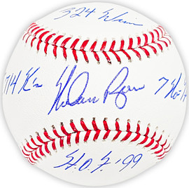 Nolan Ryan Autographed Official MLB Baseball Texas Rangers Statball With 4 Stats "7 No Hitter, HOF 99, 5714 K's, 324 Wins" Beckett BAS QR Stock #216125