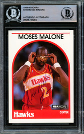 Moses Malone Autographed 1989-90 Hoops Card #290 Atlanta Hawks Beckett BAS #15781093