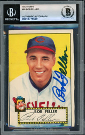 Bob Feller Autographed 1952 Topps Card #88 Cleveland Indians Auto Grade Gem Mint 10 (Trimmed) Beckett BAS #15775569