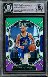 Stephen Curry Autographed 2020-21 Panini Select Green White & Purple Prizm Card #57 Golden State Warriors Beckett BAS #15779654