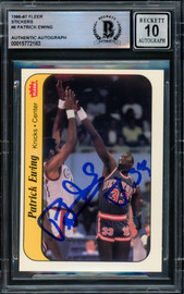 Patrick Ewing Autographed 1986-87 Fleer Sticker Rookie Card #6 New York Knicks Auto Grade Gem Mint 10 Beckett BAS #15772183