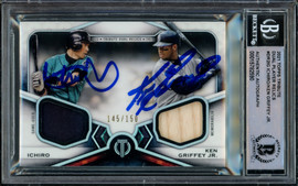 Ken Griffey Jr. & Ichiro Suzuki Autographed 2021 Topps Tribute Dual Relics Card #DR2-IG Seattle Mariners With Game Used Jersey & Bat Beckett BAS #15782590