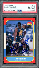 Karl Malone Autographed 1986 Fleer Rookie Card #68 Utah Jazz PSA 8 Auto Grade Gem Mint 10 PSA/DNA #73035329