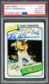 Rickey Henderson Autographed 1980 Topps Rookie Card #482 Oakland A's PSA 6 Auto Grade Gem Mint 10 PSA/DNA #76568953