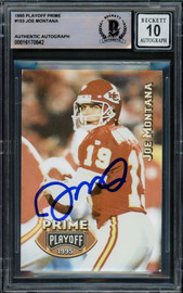 Joe Montana Autographed 1995 Playoff Prime Card #153 Kansas City Chiefs Auto Grade Gem Mint 10 Beckett BAS #16170842