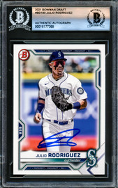 Julio Rodriguez Autographed 2021 Bowman Draft Rookie Card #BD145 Seattle Mariners Beckett BAS #16177368