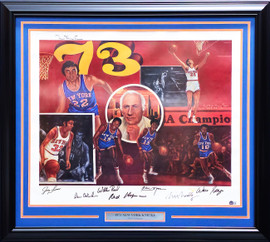 1973 NBA Champion New York Knicks Team Autographed Framed 24x30 Lithograph Photo With 7 Signatures Including Willis Reed & Jerry Lucas, Artist Signed Beckett BAS #AC94183