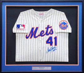 Tom Seaver Autographed Framed Cream Pinstripes Authentic Mitchell & Ness Jersey New York Mets "HOF 92" 100th Anniversary Patch Size L Beckett BAS QR #BK44628