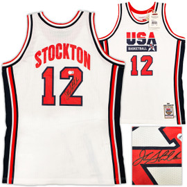 1992 USA Dream Team John Stockton Autographed White Authentic Mitchell & Ness Jersey Size 44 Beckett BAS Witness Stock #224357