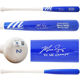 Marcus Semien Autographed Blue & White Marucci Player Model Baseball Bat Texas Rangers "23 WS Champs" Beckett BAS Witness Stock #224398