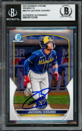 Jackson Chourio Autographed 2023 Bowman Chrome Prospects Rookie Card #BCP76 Milwaukee Brewers Beckett BAS Stock #227990