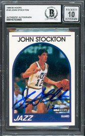 John Stockton Autographed 1989-90 Hoops Card #140 Utah Jazz Auto Grade Gem Mint 10 Beckett BAS #16703465