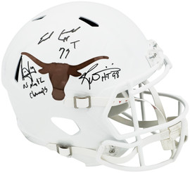 Earl Campbell, Vince Young and Ricky Williams Autographed Texas Longhorns White Full Size Replica Speed Helmet "Heisman" Beckett BAS Witness Stock #228068