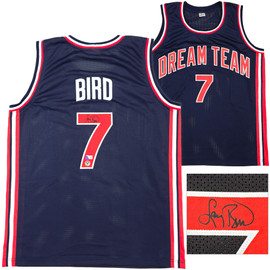 Team USA Larry Bird Autographed Blue Basketball Jersey Beckett BAS QR Stock #228094