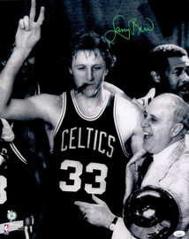 Larry Bird Autographed 16x20 Photo Boston Celtics With Red Auerbach JSA Stock #230031