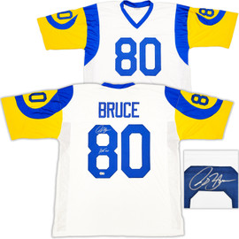 St. Louis Rams Isaac Bruce Autographed White Jersey "HOF 20" Beckett BAS Witness Stock #230163