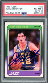 Karl Malone Autographed 1986 Fleer Rookie Card #68 Utah Jazz PSA 7