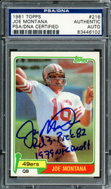 Joe Montana Autographed 1981 Topps Rookie Card #216 San Francisco 49ers "1979 NFL Draft, Rd. 3, & Pick 82" PSA/DNA #83446102