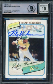 Rickey Henderson Autographed 1980 Topps Rookie Card #482 Oakland A's Auto Grade Gem Mint 10 Beckett BAS #15784987