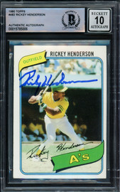 Rickey Henderson Autographed 1980 Topps Rookie Card #482 Oakland A's Auto Grade Gem Mint 10 Beckett BAS #15785006