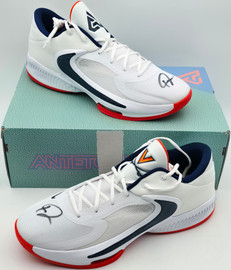 Giannis Antetokounmpo Autographed 2022 Player Exclusive (PE) Promo VIRGINIA White & Navy Nike Zoom Freak 4 NCAA SOS Shoes Size 16 (With Box) Beckett BAS Witness #3W396660 & #3W396661